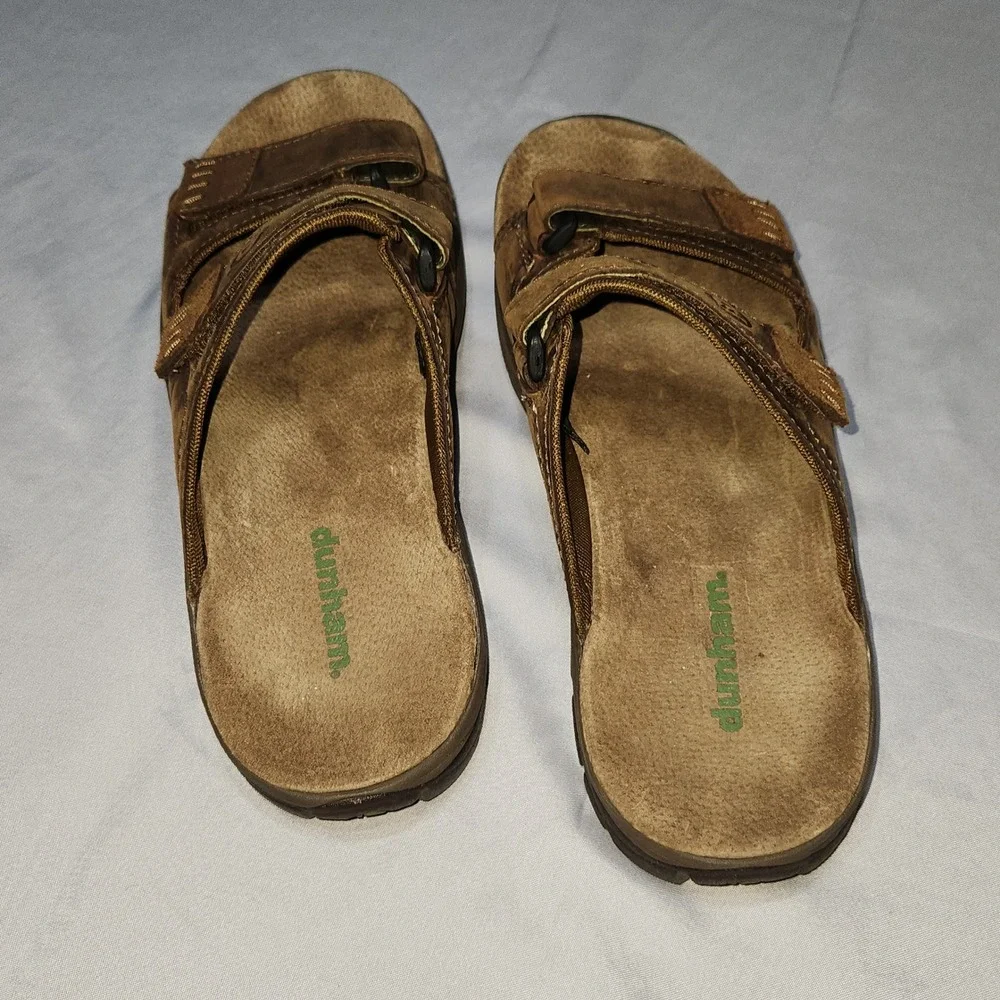 Dunham Men's Brown Leather Slide Sandals Adjustable Straps Size 13 D MCR444BR